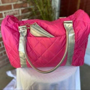 NWOT pink and silver duffel bag